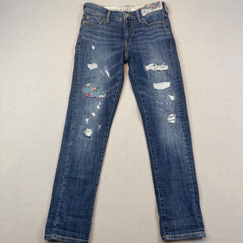 Pilcro 25 Slim Boyfriend Jeans Women Blue Floral Patch Distressed Anthropologie